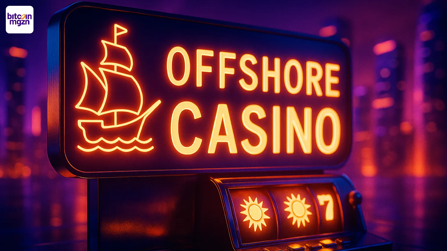 Offshore casino neon sign with slot machine illustration